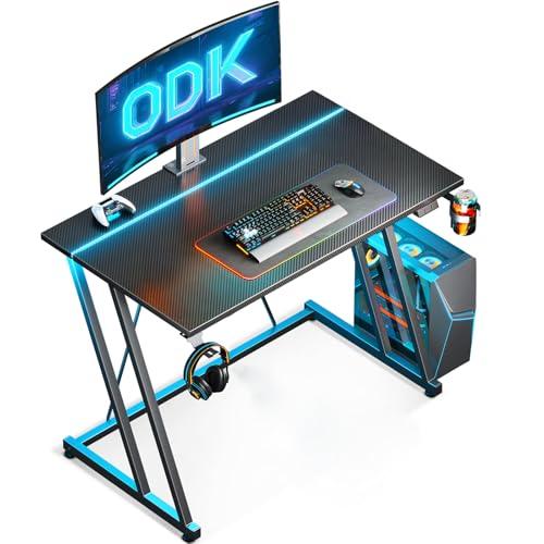 ODK Scrivania Gaming con LED 80x50 cm, Portabicchieri e Gancio Cuffie, Design a Doppia Z