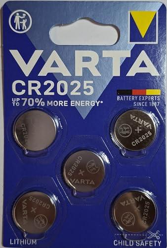 VARTA CR 2025, 6025101415, Batteria Litio a Bottone, Piatta, Specialistica, 3 Volts, Diametro 20mm, Altezza 2,5mm, confezione 5 pile