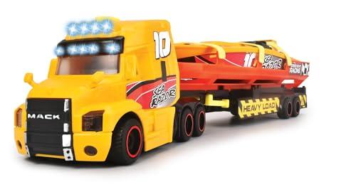 Dickie City Sea Race Mack Truck 40 cm, Parti apribili, Luci & Suoni, Incluso motoscafo con Motore a Molla, + 3 Anni