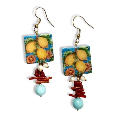 Orecchini Artigianali in Ceramica Siciliana con Corallini e Fantasia Estiva