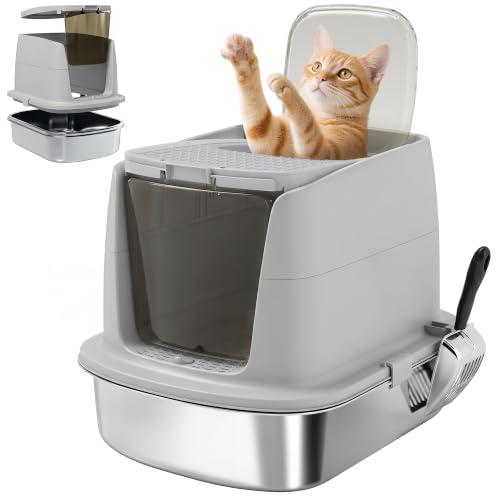 PawHut Lettiera per Gatti Chiusa Acciaio Inox con Pareti Alte Grigio Chiaro