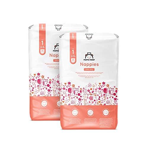 Marchio Amazon - Mama Bear Pannolini ultra asciutto, Taglia 1 (2-5 kg), Con canali d'areazione, Bianco, 96 Unità (2 confezioni da 48) - Nuova versione