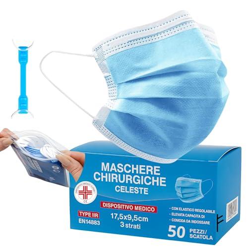 S&S Medical 50 Mascherine chirurgiche CELESTI 3 veli certificate CE - Dispositivo Medico di tipo 2r + Gancio salve orecchie in Regalo