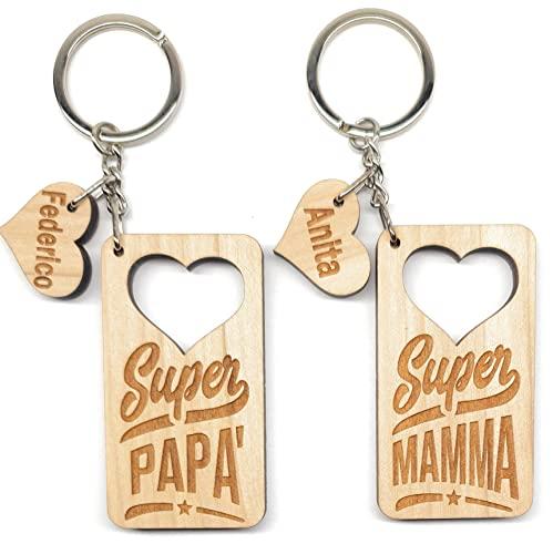 Portachiavi personalizzato SUPER MAMMA-PAPA' - festa della mamma - festa del papà - compleanno - in legno, vetro sintetico trasparente o specchiato oro