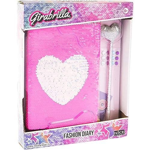 Girabrilla Fashion Diary Heart, Diario con Paillettes Reversibili, Penna Pom Pom, Adesivi Gemme e Stickers