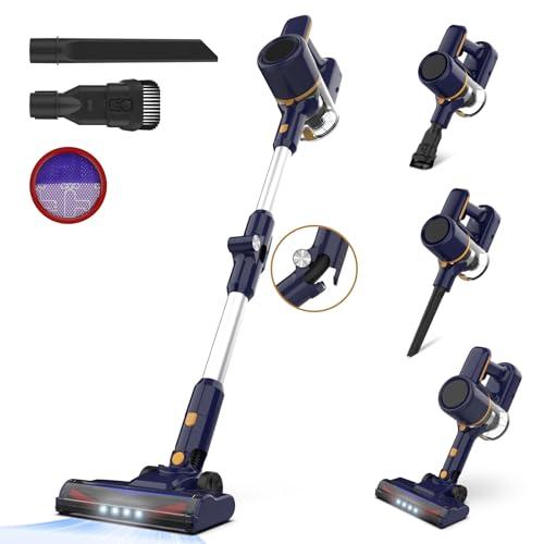 Aspirapolvere senza fili, Scopa elettrica pieghevole, senza sacco, leggera, Luce LED, Due filtri, Autonomia 40 Min, Anti-Avvolgimento per Pavimenti Tappeto Peli di Animali Domestici