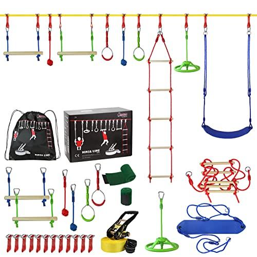ALPIDEX Ninja Warrior Set Gioco Bambini Slackline Percorso Sospeso Ostacoli Anelli Ginnastica Nodi Corda Altalena Scaletta Accessori - Max