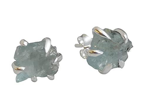 Orecchini a Bottone in Argento Sterling 925 con Acquamarina Grezza Naturale