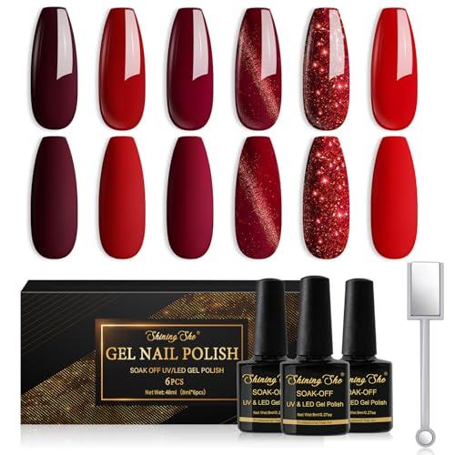 Shining She Smalto Semipermanente Unghie,6 Colori Cat Eye Glitter Rosso Bordeaux Rosso Bruno Semipermanente Unghie Set con Magnete,Soak-Off UV/LED, per Nail Art Salone, 8ML