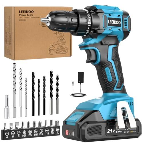 Trapano Avvitatore a Batteria Brushless LEEIKOO 21V con 2 Batterie 2.0Ah e 21 Accessori