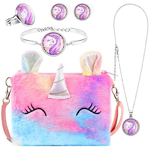 OSDUE Unicorno Borsetta Bambina Set Gioielli, Unicorno Regalo Peluche Borsetta Bambina Set Gioielli Unicorno Accessori per Capelli Mollette per Capelli Ragazze Arcobaleno Collana Bracciale Anello