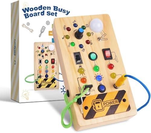 Yitical Montessori Busy Board: Gioco educativo in legno con luci LED per bambini 1-3 anni