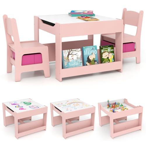 COSTWAY Tavolino Bambini 4 in 1 Rosa con Lavagna, Librerie e Scatole