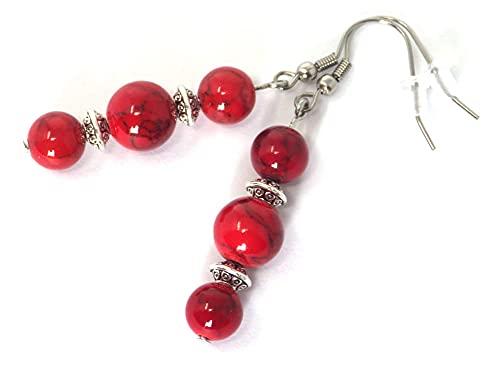 Orecchini Pendenti Thurcolas in Perline Turchese Rosso e Tibetane