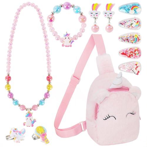 Set Gioielli Unicorno per Bambina con Borsa, Bracciale, Orecchini, Anelli, Collana e Accessori per Capelli