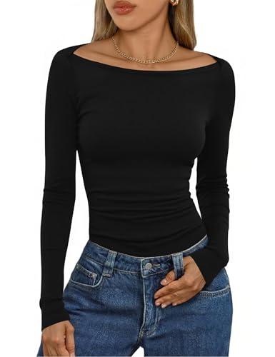 Aottori Maglia Donna Maniche Lunghe Elegante Scollo a Barca Costine Magliatta Elasticizzata Coste T Shirt Basic Slim Fit Top Aderente Casual Nero S