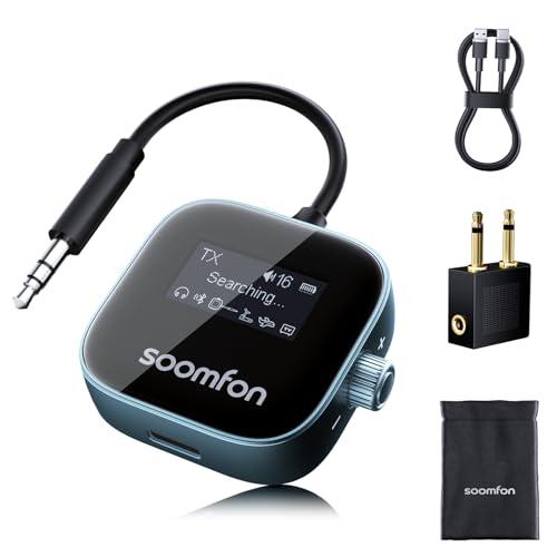 SOOMFON 2 in 1 Trasmettitore e ricevitore Bluetooth 5.3, Adattatore Audio Bluetooth AUX Jack da 3,5 mm con display, supporta la connessione di 2 Cuffie, adatto per TV, Aereo, Auto e Impianto Stereo