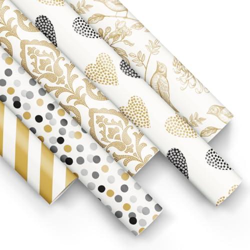 PAW - Carta da regalo 200x70cm - 5 rotoli | Mix di 5 disegni | Carta per Incartare Regali Elegante per Compleanni, Matrimoni, Baby shower, Feste e Regali - Nero e oro a fantasia
