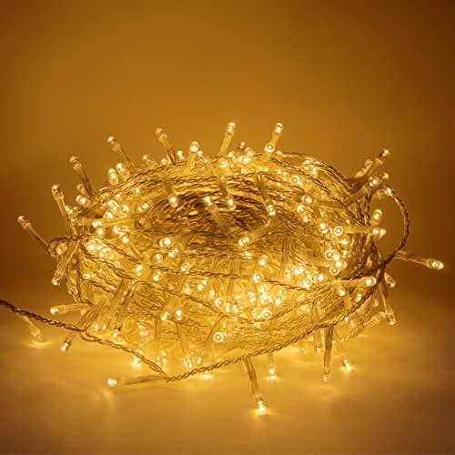 Luccika serie stringa luminosa di luci da 5 Metri con 100 Led Bianco Caldo per albero di Natale da Esterno ed Interno controller 31V con 8 giochi di luce e Memoria cavo trasparente