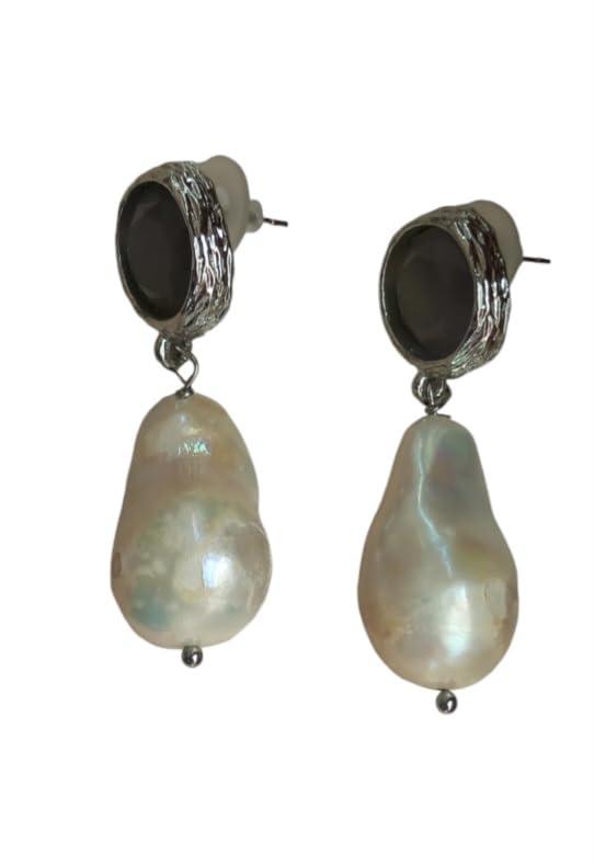 Orecchini Fatti a Mano con Perle Barocche Bianche e Quarzi Grigi