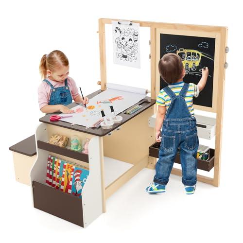 COSTWAY Set 3 in 1 Tavolo e Sedie per Bambini con Lavagna e Cavalletto