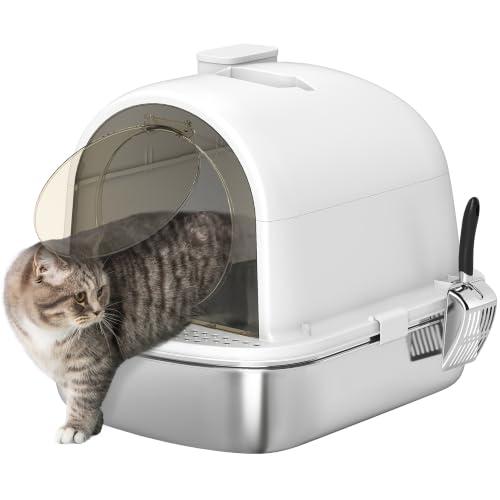 PawHut Lettiera Gatto Chiusa L in Acciaio Inox con Maniglia, Bianco