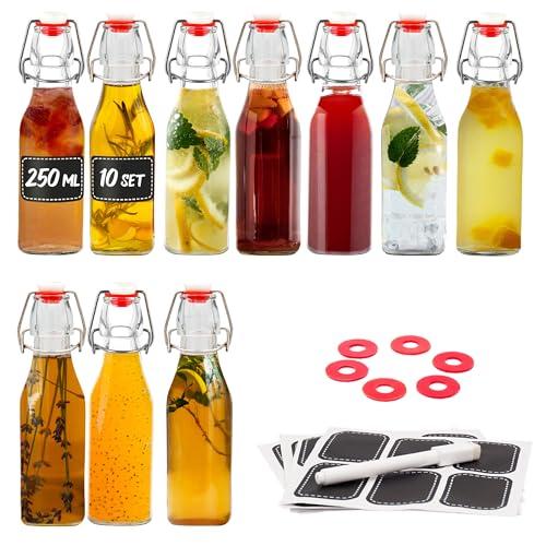 Praknu Bottiglie Vetro 250ml con Tappo Ermetico, Etichette e Guarnizioni Extra (Set da 10)
