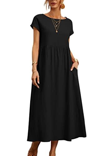 ORANDESIGNE Abito Lungo da Donna in Cotone e Lino Caftano Allentato a Maniche Corte Abito Casual Oversize Elegante Girocollo Maxi Abito Largo con Tasche Vestito da Cocktail Estivo
