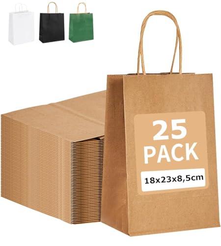 PAKNOR® 25 Sacchetti di Carta Marrone con Manico - 18 x 21 x 8 cm
