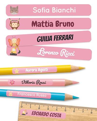 Melu Kids® Etichette Adesive Personalizzate Scuola - Rosa, 75 pezzi