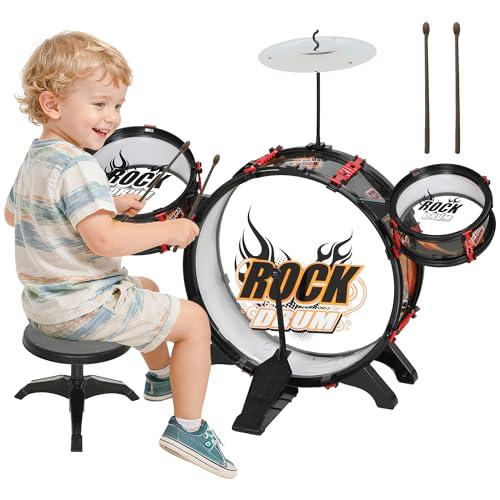 AIYAPLAY Set Batteria Giocattolo per Bambini Nera con Sgabello