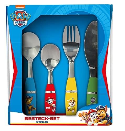 PAW PATROL 33789 - set di posate per bambini in 4 pezzi in acciaio inossidabile con manici in plastica, con coltello, forchetta, cucchiaio da minestra e cucchiaio da dessert