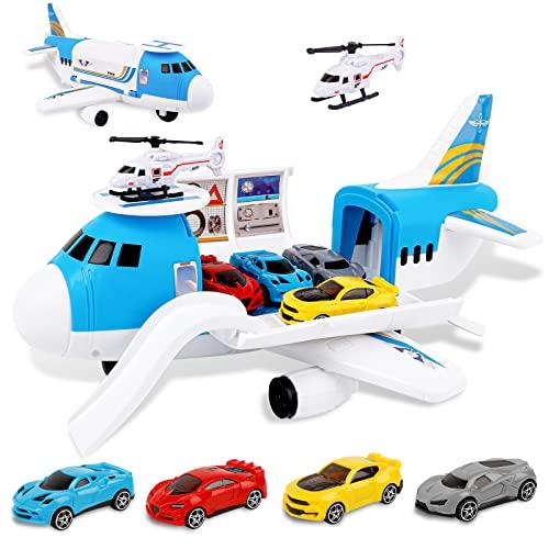 m zimoon Aeroplani Giocattolo, Aerei Trasportatore Set con 4 Auto 1 Elicottero 1 Adesivi Fai-da-Te Ragazzo Natale Compleanno Regalo