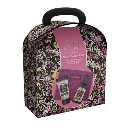 Tesori d'Oriente, Orchidea Imperiale Set Regalo da Viaggio, Include Profumo Aromatico 100 ml, Crema Corpo Idratante 75 ml, e Pochette Elegante, Fragranze con Note Durevoli di Violetta e Ambra