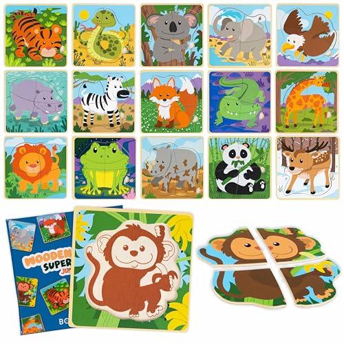 BONNYCO Pack 16 Puzzle in Legno Animali - Gadget Compleanno Bambini