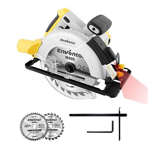 Enventor Sega Circolare 1200W, Sega Circolare per Legno 5800RPM, 2 Lame 24T+40T(Ø185mm), Taglio 62mm(90°)/42mm(45°), Guida Laser, Motore Di Rame Puro, per Tagliare Legno, Plastica