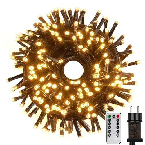 Tacobey Luci Albero di Natale Bianco Caldo, 20M 200 LED Catena Luminosa con Telecomando, 8 Modalità, Impermeabile, Timer, Luci Natalizie da Esterno ed Interno, Cavo Verde Scuro