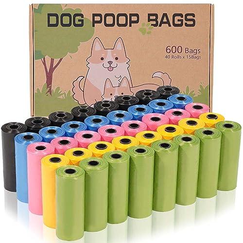 AiTodos® 600 pezzi Sacchetti Cane Cacca, 5 Colori, Sacchetti Cane-31 * 22 cm, Materiale in Polietilene, Portatili, Verde, Giallo, Rosa, Blu, Nero (40 Rotoli, 15 per Rotolo)