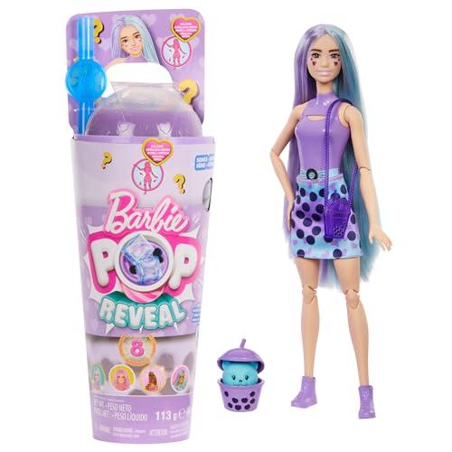 Barbie - Pop Reveal Serie Bubble Tea, bambola alla moda Taro Milk profumata con cucciolo e 8 accessori a sorpresa con effetto cambia colore, giocattolo per bambini, 3+ anni, HTJ19
