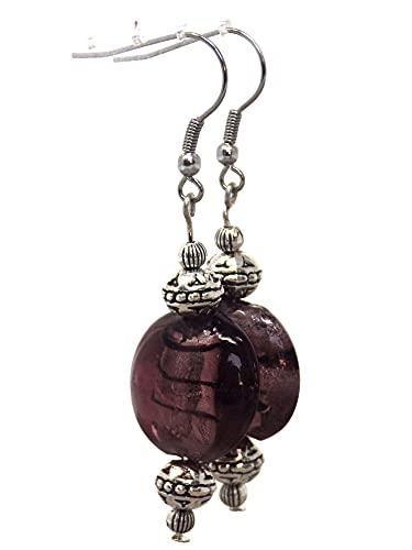 Orecchini Venezia in Acciaio Inossidabile e Perle Piatte in Vetro di Murano Viola