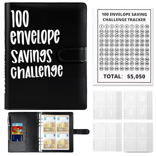 O OLAX 100 Envelope Savings Challenge, Libro del Risparmio A5, Agenda Risparmio Soldi con Buste, Budget Planner per Risparmiare 5050€, con Buste Trasparenti e Chiusura Magnetica, Per Casa, Famiglia