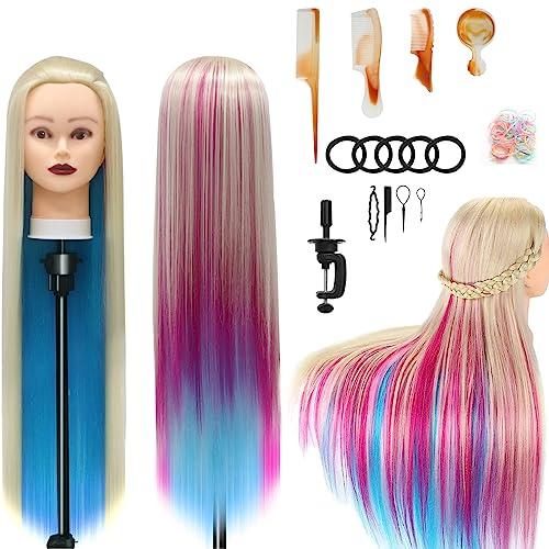 Testa Per Parrucchiere, 28 Inch Testina Parrucchiere Capelli 100% fibre Sintetiche Parrucchiere Testa Per Parrucchiere con Morsetto Libero e DIY Accessori Per Capelli (Arcobaleno)
