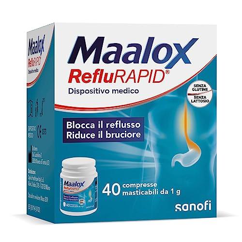 Maalox Reflurapid Blocca il Reflusso e Riduce il Bruciore, anche in Gravidanza e in caso di Reflusso Notturno - con Bicarbonato di Sodio, Senza Glutine Senza Lattosio, (40 Compresse Gusto Menta)