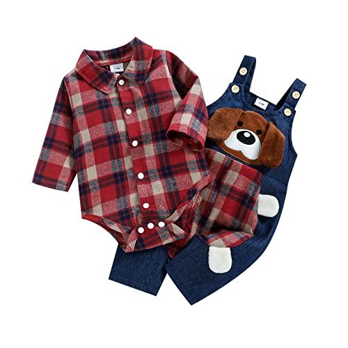 Dazzerake 2 Pezzi Completo da Neonati Pantaloni Bretelle + Pagliaccetto Camicie Plaid Casual Maniche Lunghe Bowtie Button Down con Stampa Cane (Rosso, 0-3 mesi)