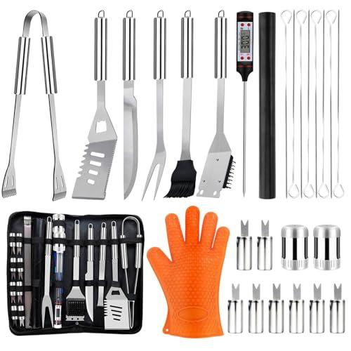 Set Completo di Accessori BBQ 28 Pezzi in Acciaio Inox con Borsa Portatile