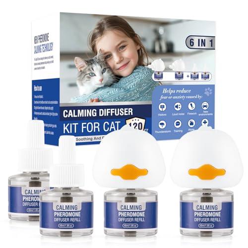 Piuess Feromoni Gatto Calmante 6 in 1 per Gatti Diffusore Kit Tranquillante Antistress Repellente Calmanti Irrequieti Felini Rilassanti Tranquillanti Feromoni Insapore（2 Tappo + 4 Ricariche da 48ml）