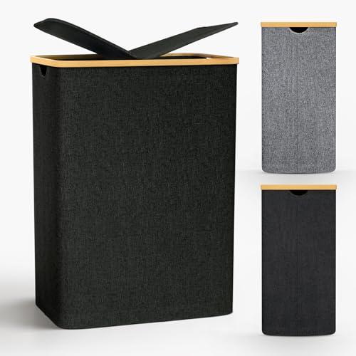 Cesto Portabiancheria con Coperchio 140L Nero e Bambù
