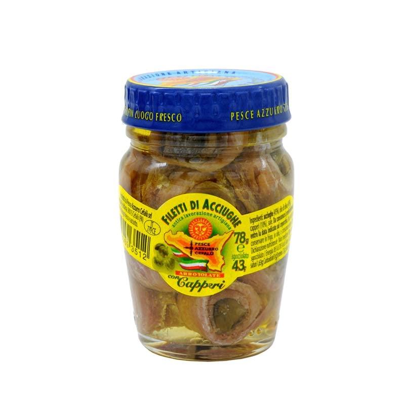 Filetti di Acciughe Arrotolate con Capperi in Olio di Oliva Pesce Azzurro Cefalù 78 gr