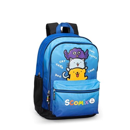 Comix Scomix by Sio - Zaino Scuola per Bambini e Ragazzi, con Ampi Scomparti Centrali, Tasca Frontale, Tasche Laterali in Rete, Chiusura a Zip e Spallacci Regolabili, 32x43Hx23 cm, 31 L, Blu