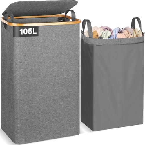 OUSFOT Cesto Portabiancheria in Bambù Grigio 105L con Coperchio e Manici